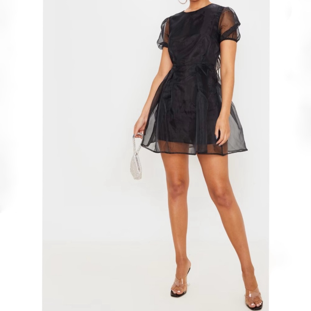 NWT PrettyLittleThing Black Organza High Waist Flared Hem Mini Dress 2